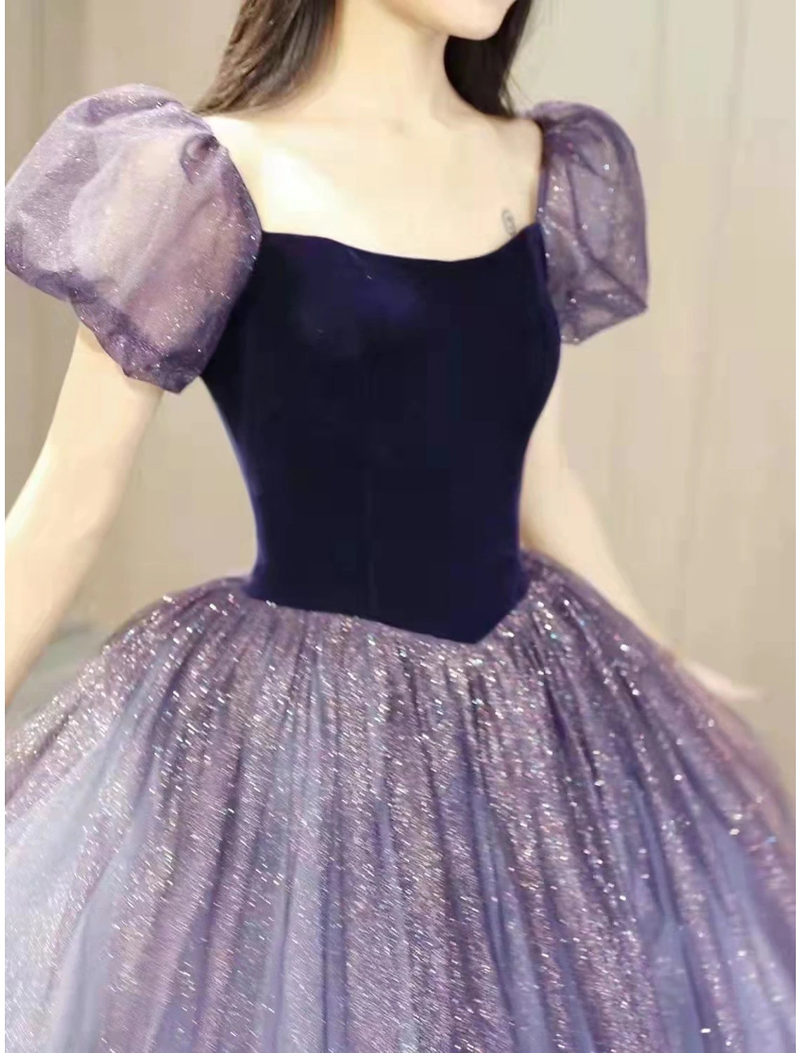 Wholesale  Ball Gown Prom Dresses Cute Dress Engagement Prom Floor Length Short Sleeve Square Neck Tulle with Sequin Splicing